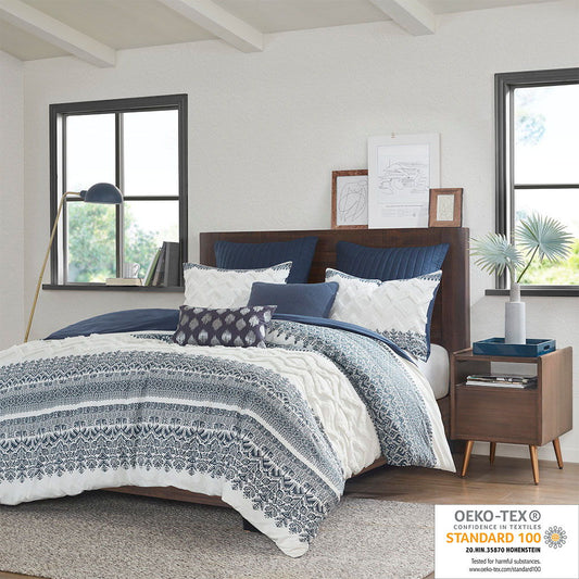 Mila - King 3 Piece Duvet Cover Set With Tufting - Navy INK+IVY