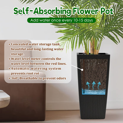 Elegant Square Planter With Automatic Watering System, Faux Rattan Design, Polypropylene (Set of 2) - Black Daily Nest