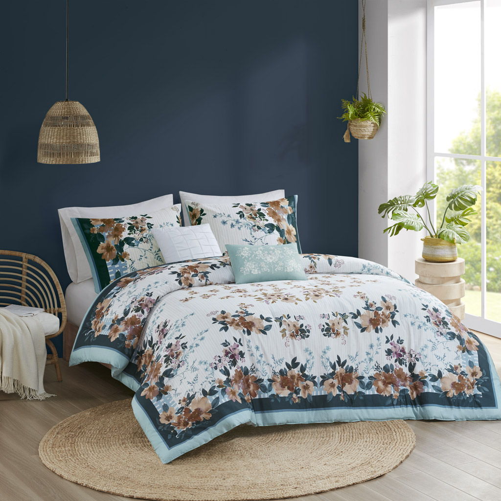 Jules - 5 Piece Full Cotton Floral Comforter Set With Throw Pillows - Teal