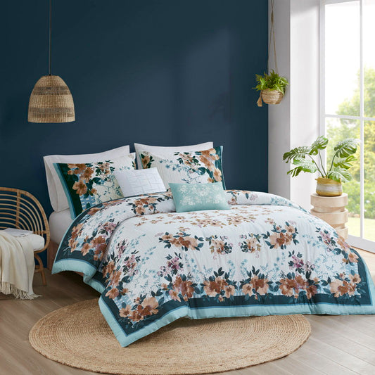 Jules - 5 Piece King Cotton Floral Comforter Set With Throw Pillows - Teal