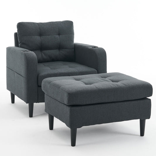 Upholstered Armchair And Storage Ottoman Set, Comfortable Single Sofa With Cup Holders And Tufted Detailing, Ideal For Living Room Or Bedroom Home Essentials