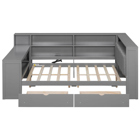 Platform Bed With Storage Shelves, Drawers, Charging Station, LED, Desk Hearth and Haven