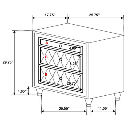 Antonella - Upholstered 3-Drawer Nightstand CoasterElevations