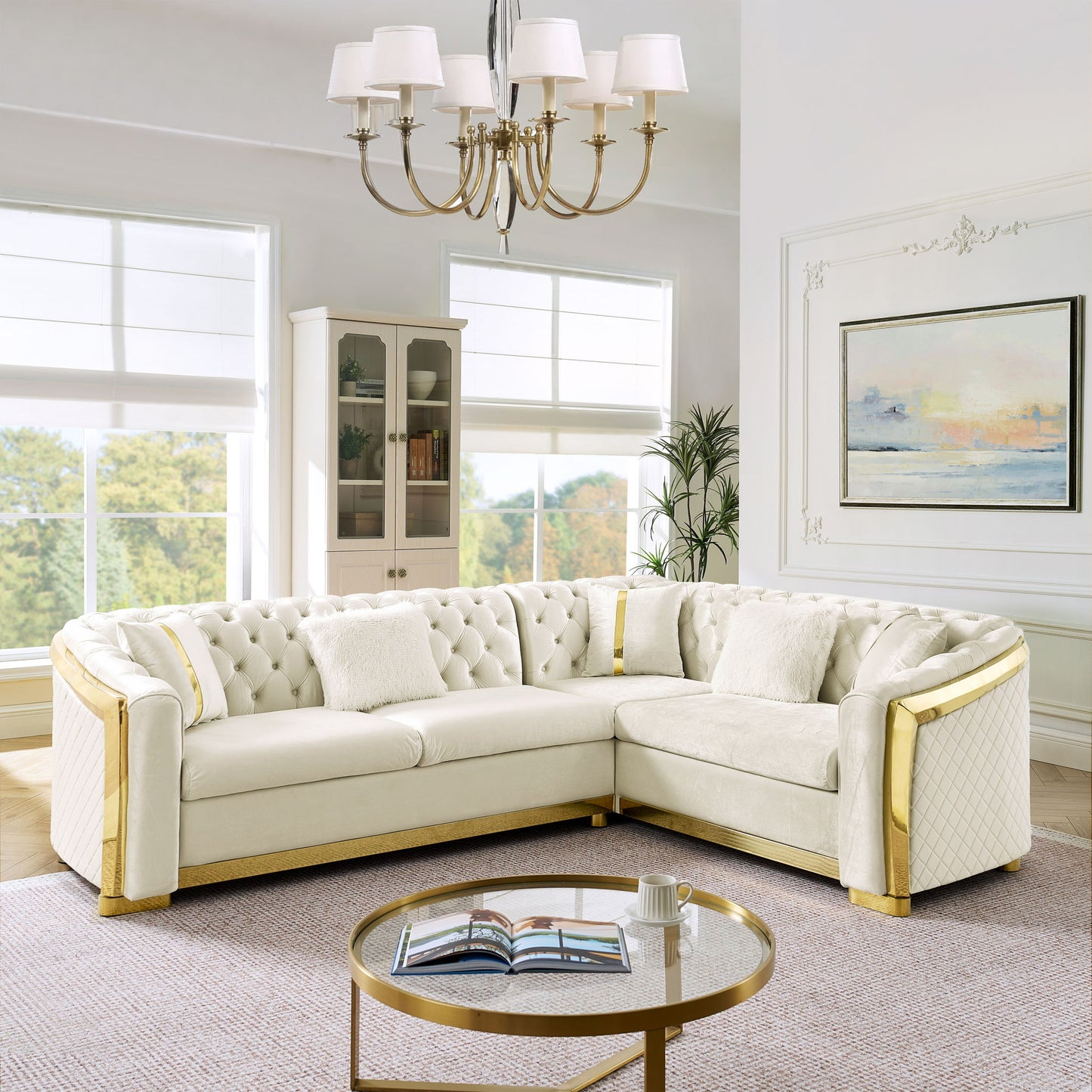 L Shaped Chesterfield Sectional Sofa With Stainless Steel Accents Home Essentials