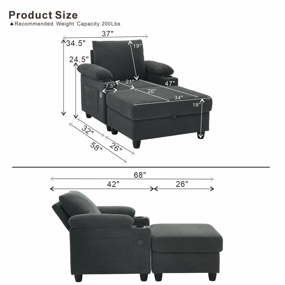 Accent Chair With Storage Ottoman, Reclining Single Chaise Lounge With Cupholders And USB, C Ports Home Essentials