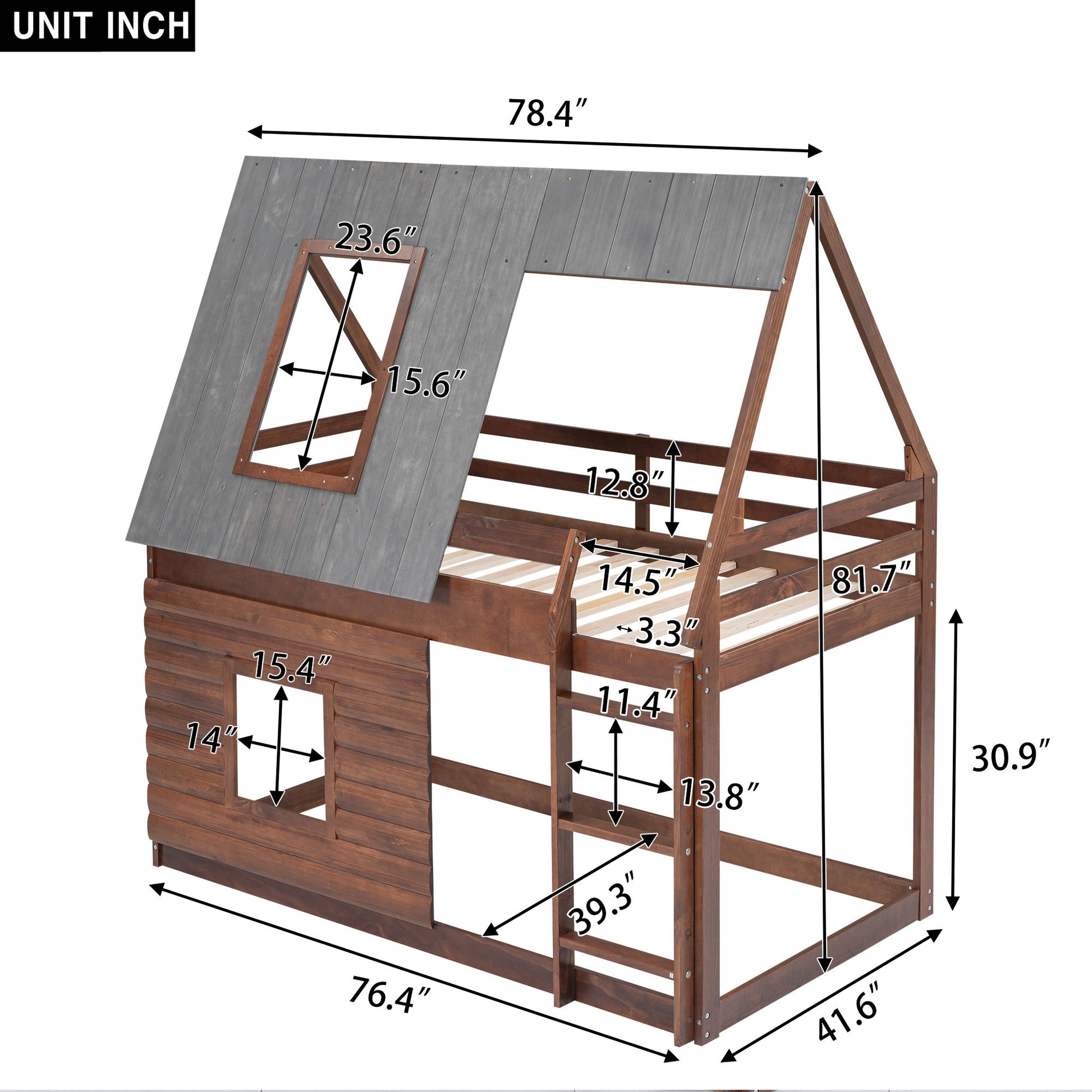 Wood Twin Size House Bunk Bed With Roof, Ladder And 2 Windows - Oak & Smoky Gray Hearth and Haven