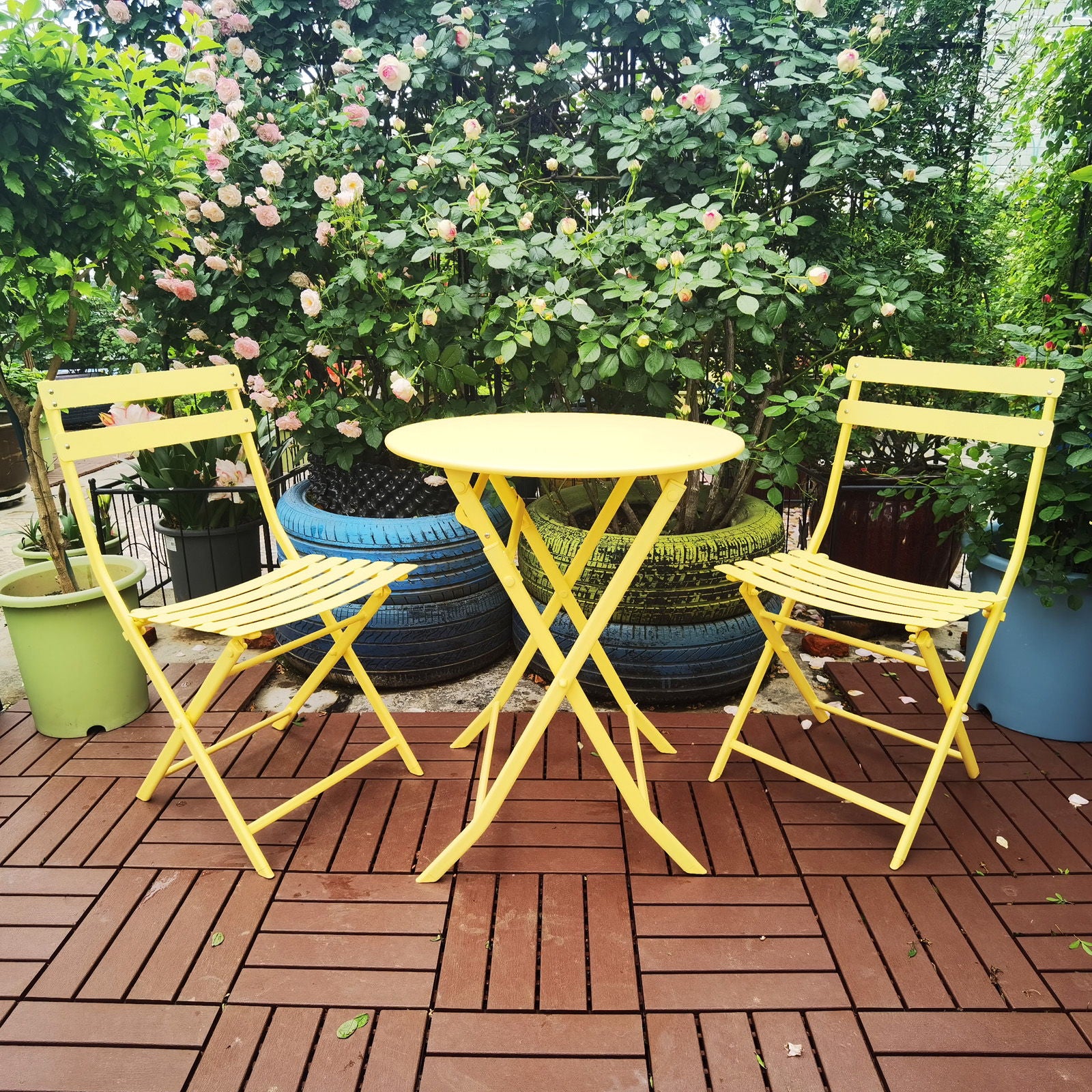 3 Piece Patio Bistro Set Of Foldable Round Table And Chairs Home Essentials
