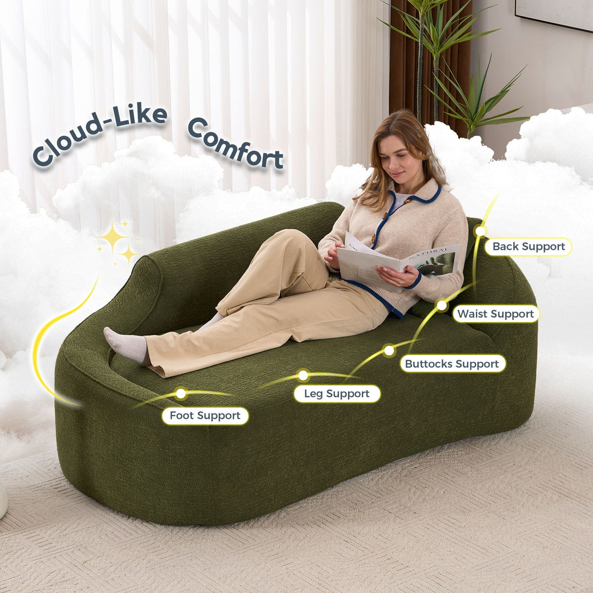 Compression Curved Chaise Longue Chair Indoor Loveseat Sofa Bed With Deep Seat And Pillow - Green Home Essentials