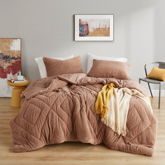 Kyla - Full/Queen Double Diamond Quilted Teddy Comforter Set - Brown Super Listing