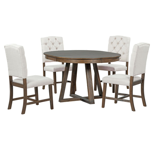 Retro Functional Dining Set, Round Table With Leaf And Upholstered Chairs For Dining Room And Living Room Hearth and Haven