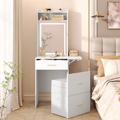 Small Vanity Desk With Mirror And Light, Dressing Table With Charging Station & Fold Up Panel For Small Space, Compact Makeup Vanity Set With Hidden Stool For Bedroom - White
