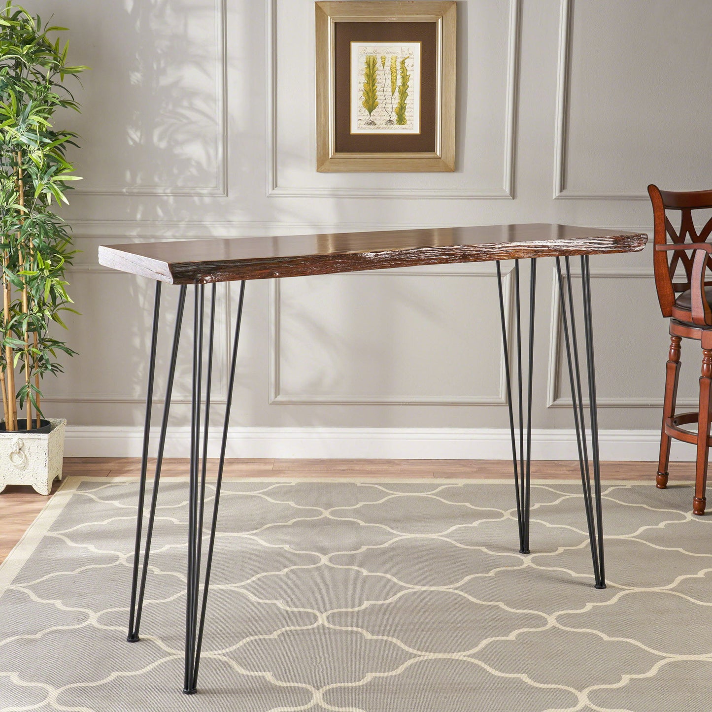 Modern Industrial Breakfast Bar Table, Metal Hairpin Legs & Wood Veneer Top - Natural Noble House