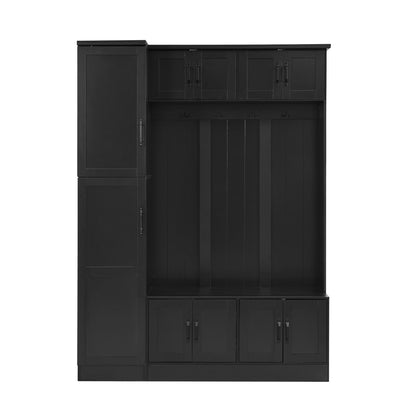 Tall Hall Tree With Shoe Storage, 4 In 1 Entryway Bench With 6 Cabinets, 4 Coat Hooks & Adjustable Shelf For Hallway - Black Hearth and Haven