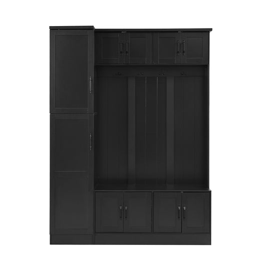 Tall Hall Tree With Shoe Storage, 4 In 1 Entryway Bench With 6 Cabinets, 4 Coat Hooks & Adjustable Shelf For Hallway - Black Hearth and Haven