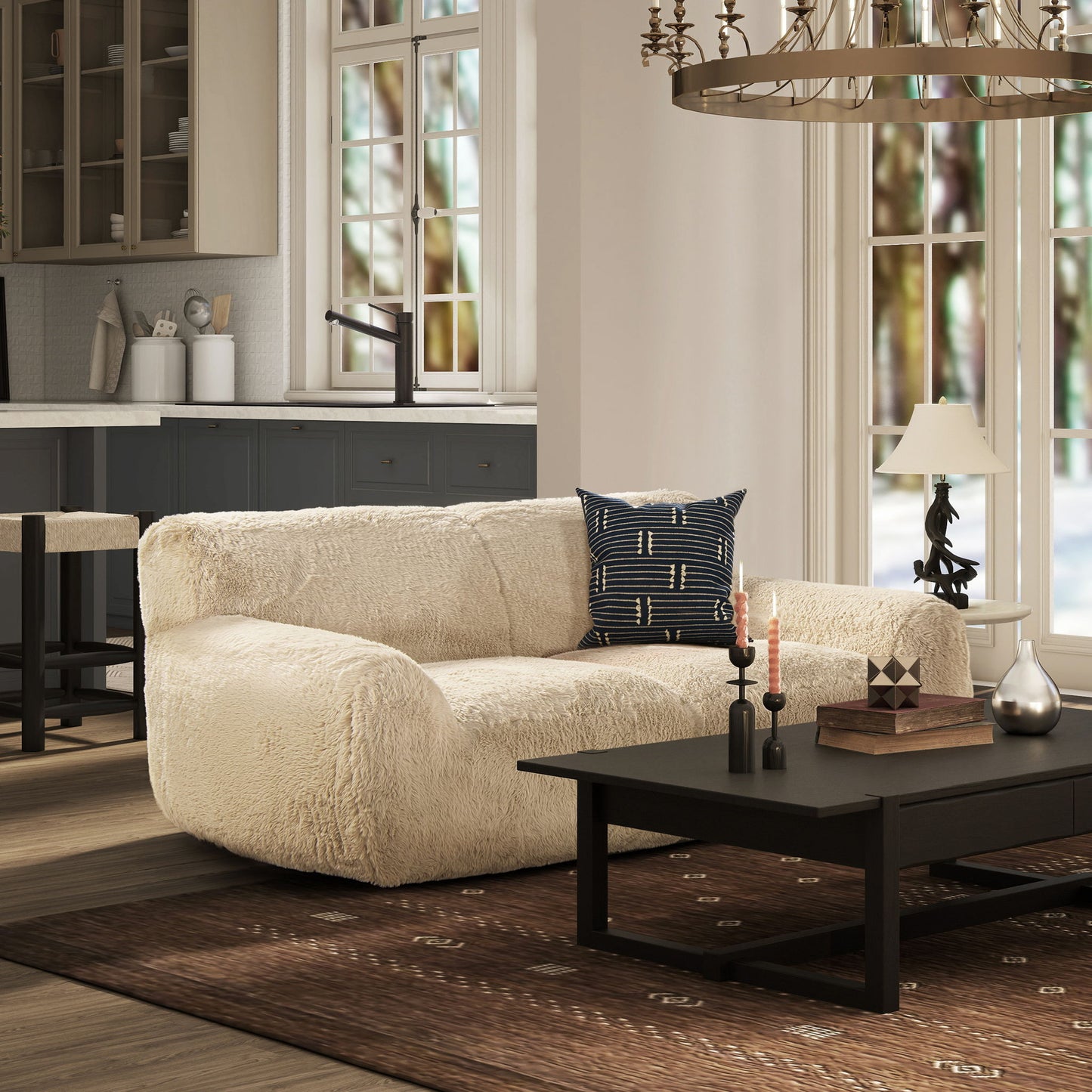 Summit - Faux Sheepskin Overstuffed Sofa - Cream Beige Jennifer Taylor Home
