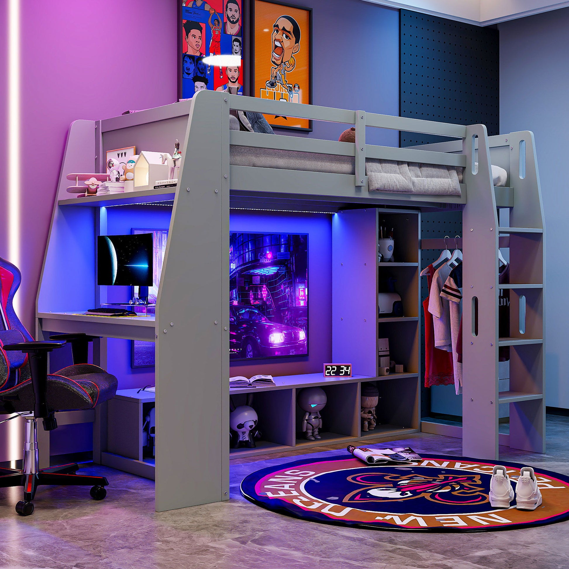 Gaming Loft Bed With Desk, Multi Storage Shelves, LED Lighting, And Hanging Clothes Rack Hearth and Haven