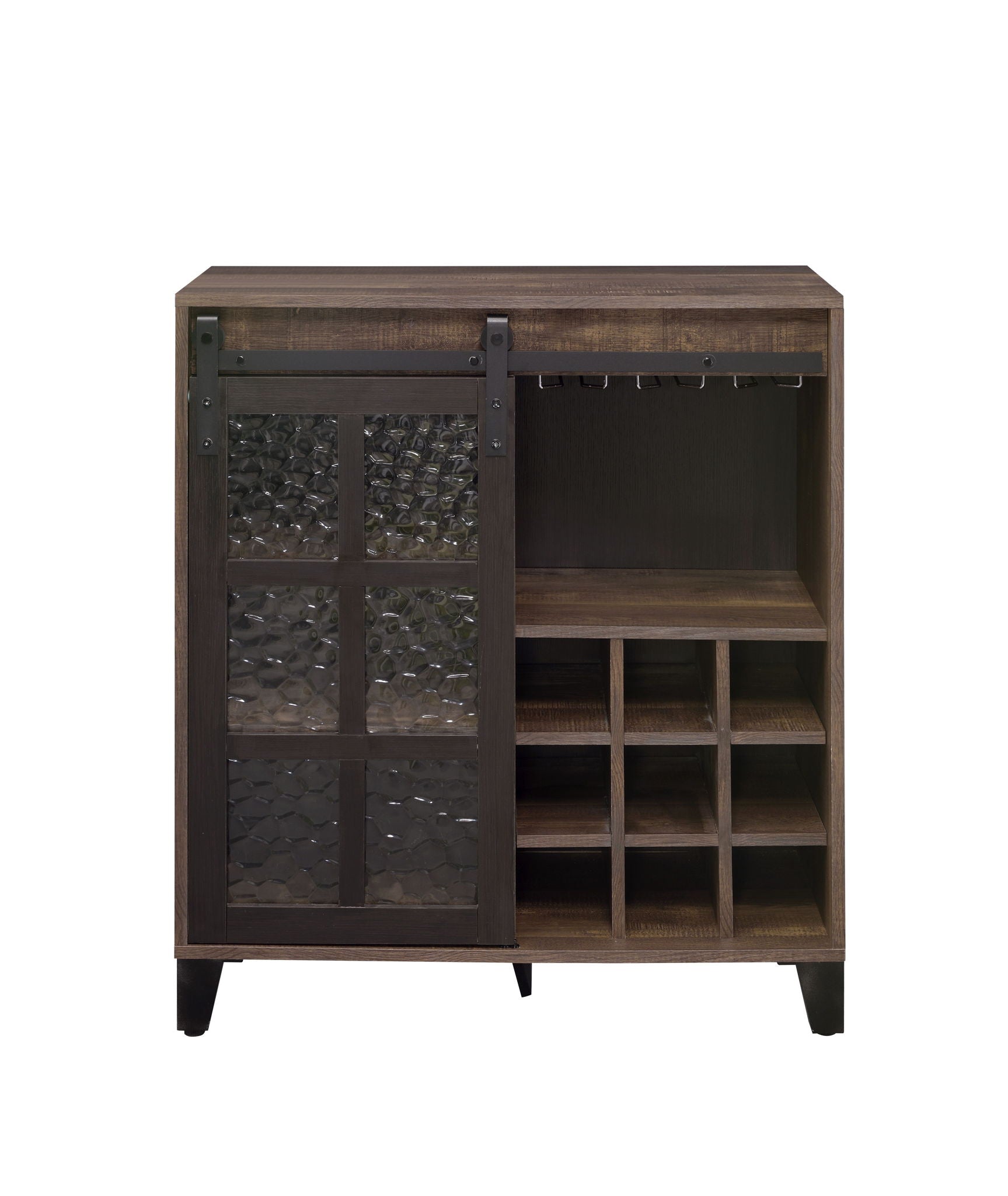 Treju Obscure - Glass, Rustic Wine Cabinet - Black / Oak Acme