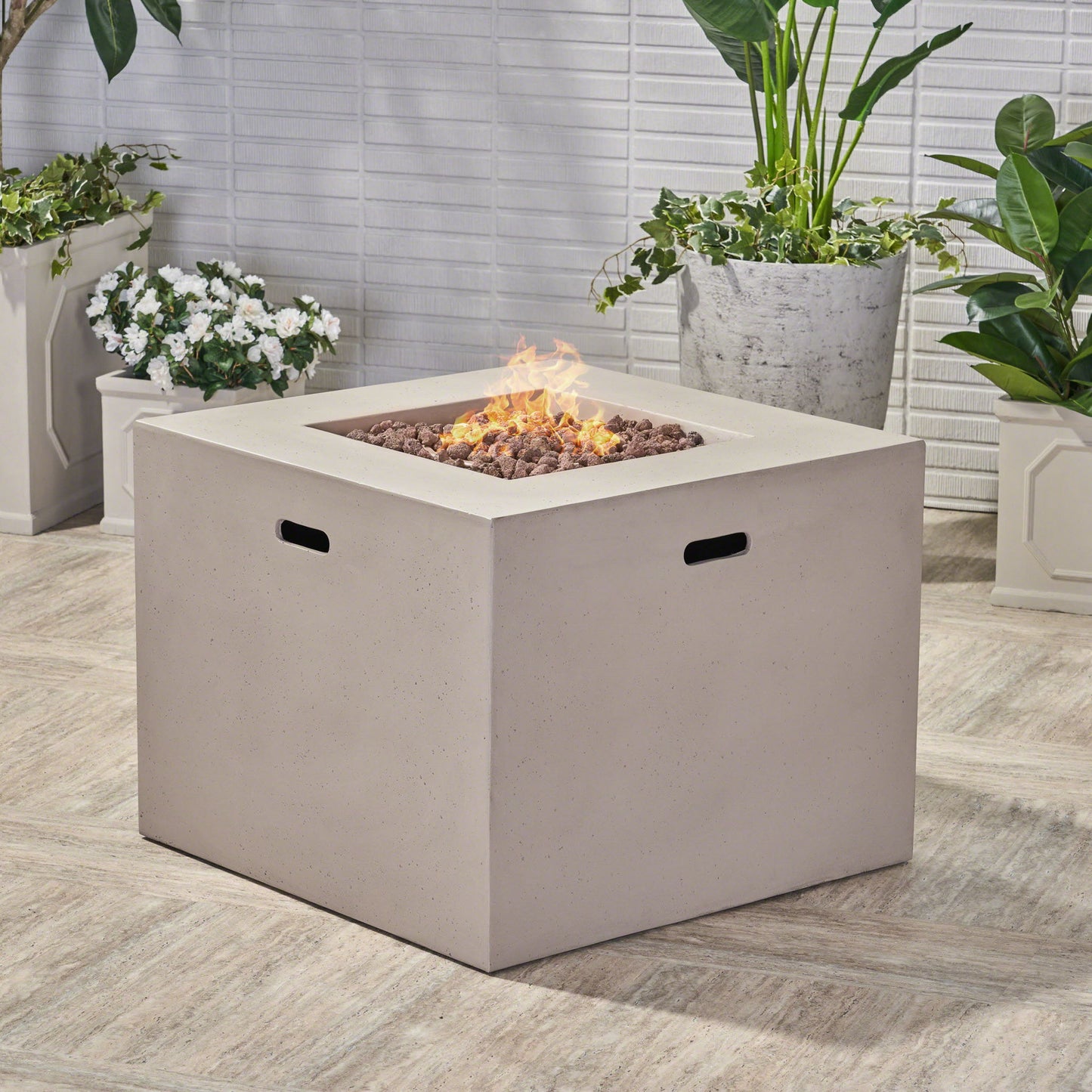 Outdoor Patio Square Gas Burning Concrete Fire Pit 40,000 Btu Noble House