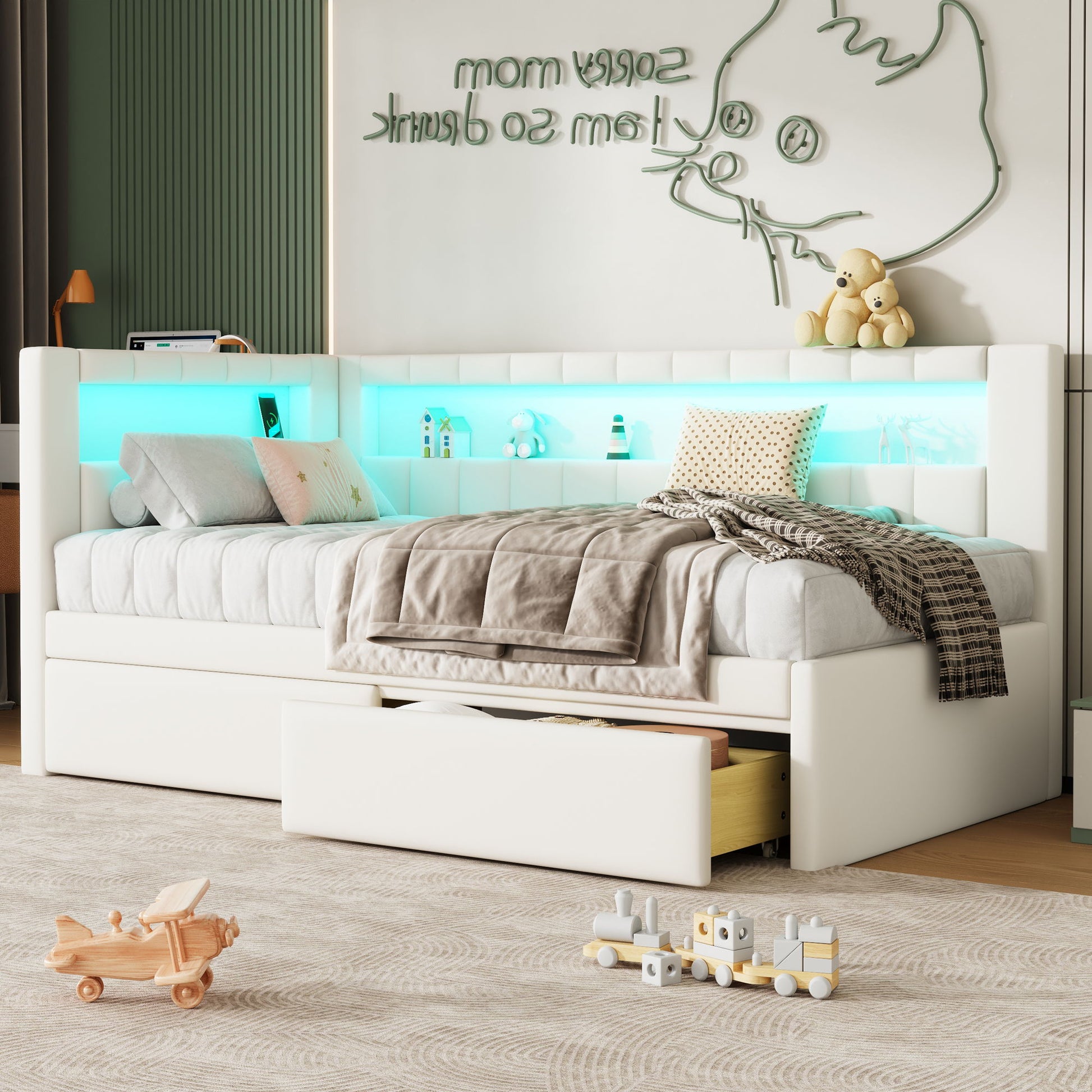 Upholstered Platform Bed With USB Ports And LED Belt Dreamland