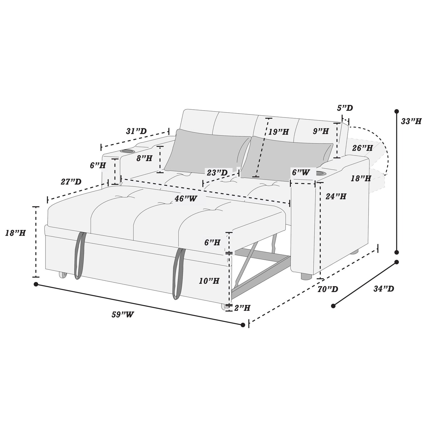 Modern Style Convertible Sofa With Pull-Out Bed, USB Ports & Cup Holders Home Essentials