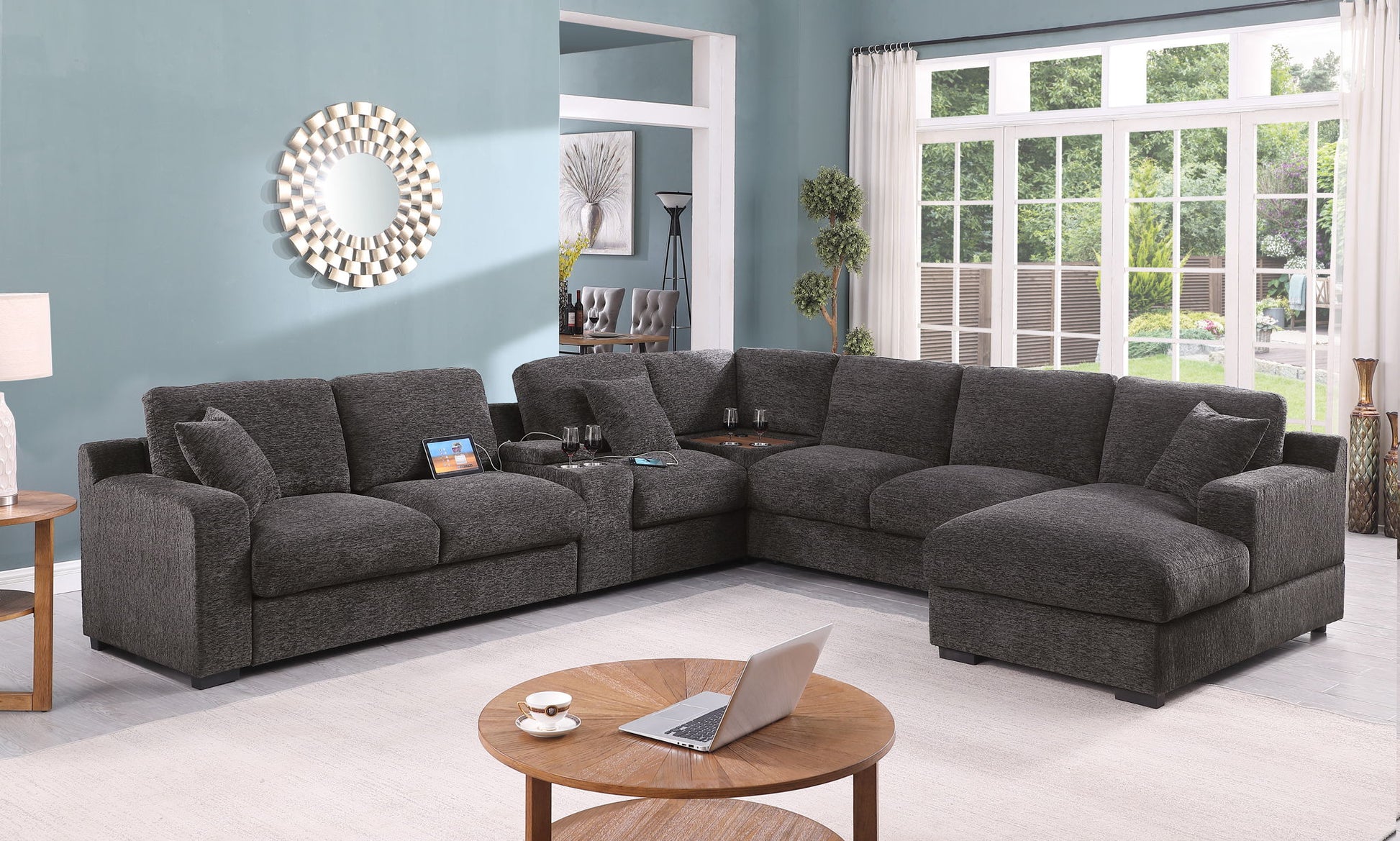 Celine - Corner Sectional Sofa With Right Facing Chaise, Cupholders, And Charging Ports - Gray Lilola Home