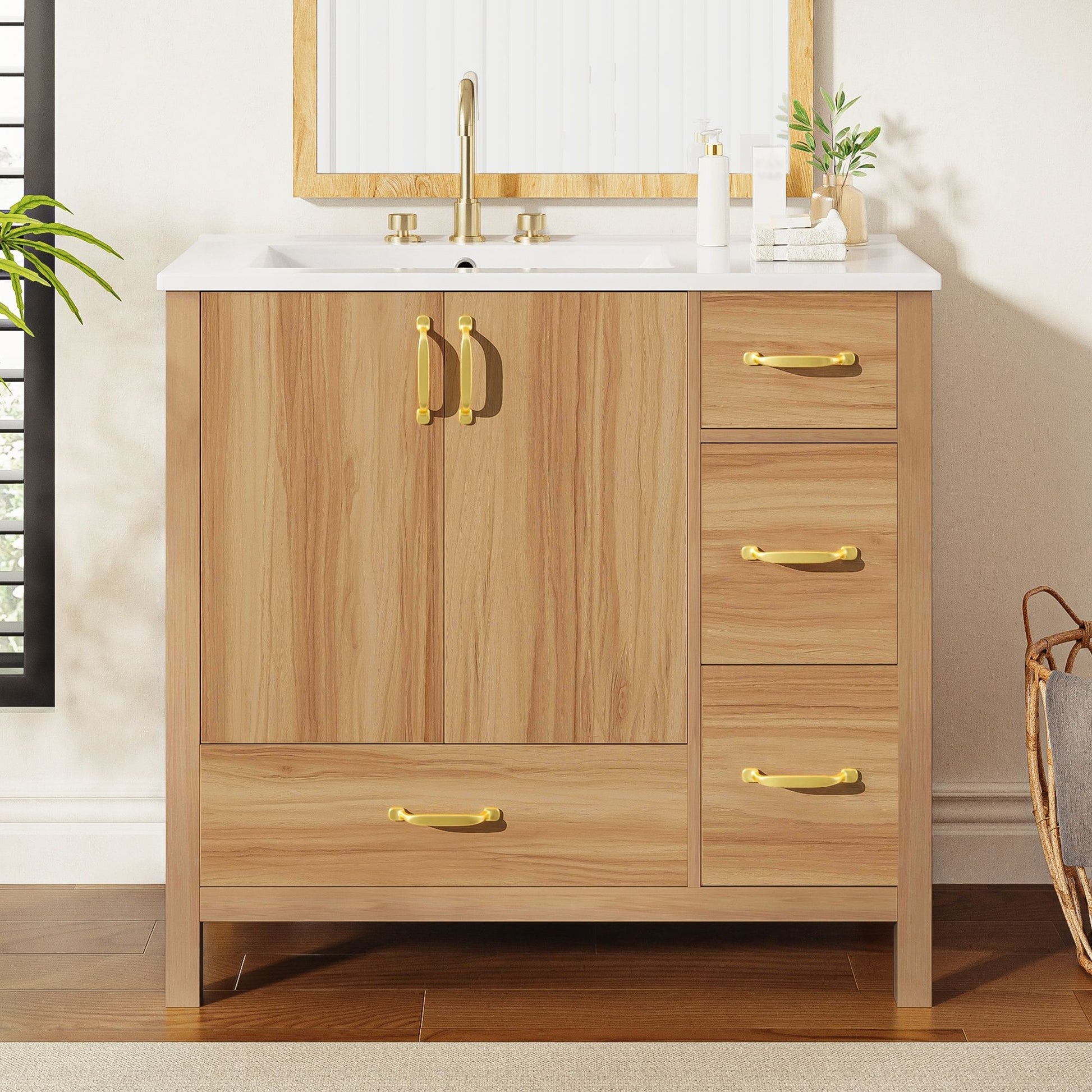 36" Bathroom Vanity, 2 Soft Close Doors, 4 Soft Close Drawers, Adjustable Shelf, Storage Cabinet - Acacia Wood Hearth and Haven
