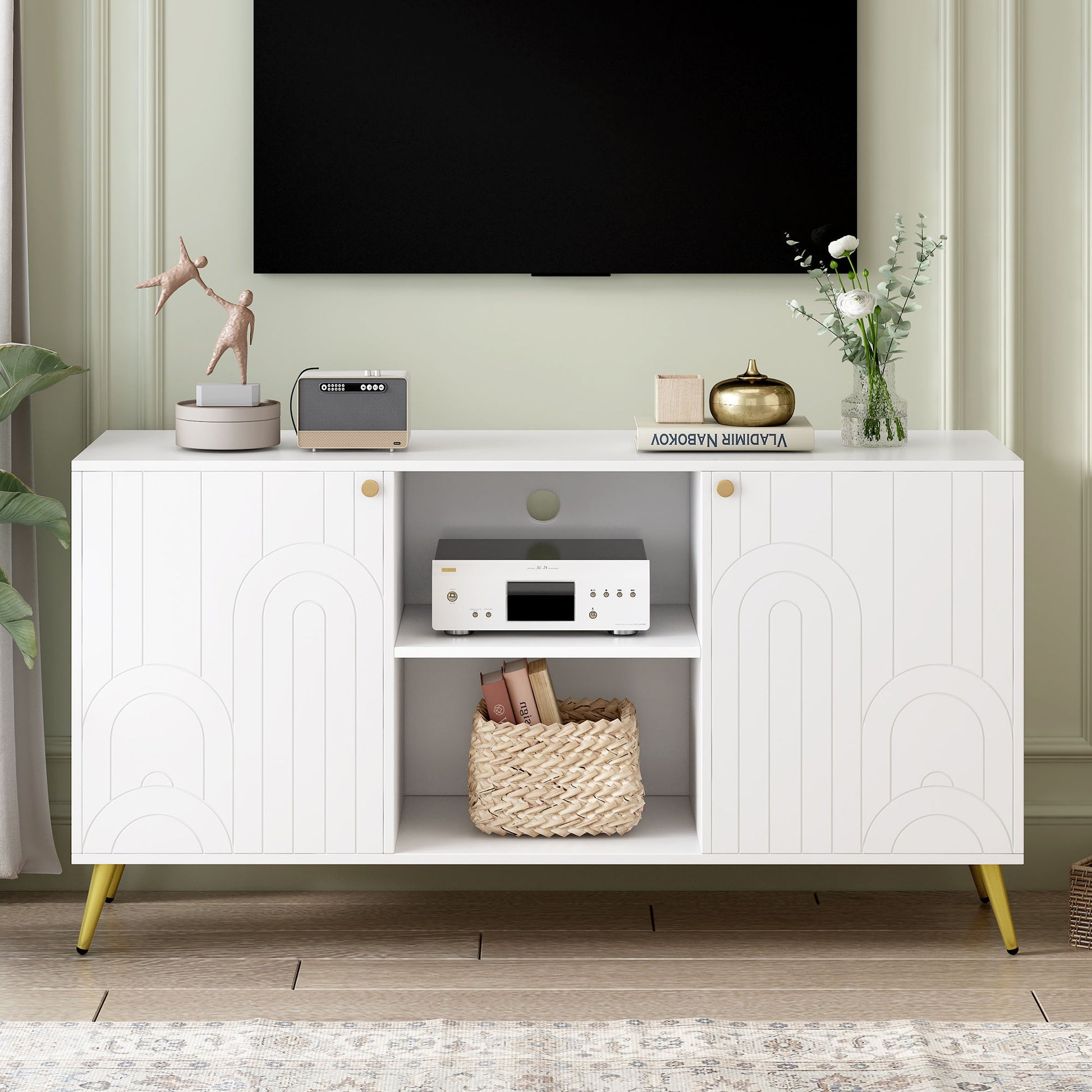 Modern TV Stand With Adjustable Shelf, Handles And Anti-Tip Device Hearth and Haven
