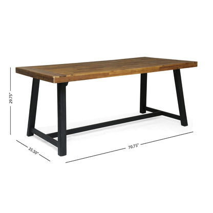 Outdoor Dining Set Acacia Wood Table With 6 Rattan Iron Chairs - Black / Natural / Gray Noble House