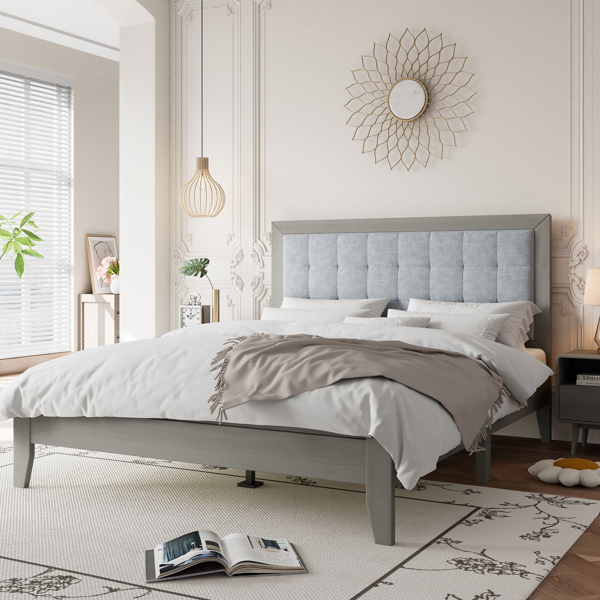 Mid Century Modern Platform Bed With Upholstered Headboard Noble House