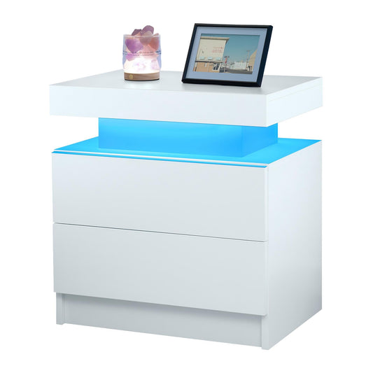 Modern LED Bedside Table Cabinet With Adjustable Lights And 2 Drawers - White Home Essentials