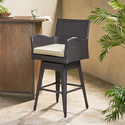 Outdoor Modern Rattan Swivel Barstool With Tapered Legs - Beige / Multibrown Noble House