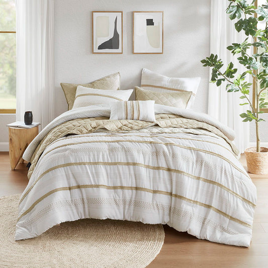 Carolina - 7 Piece Full/Queen Stripe Comforter And Quilt Set - Taupe Madison Park