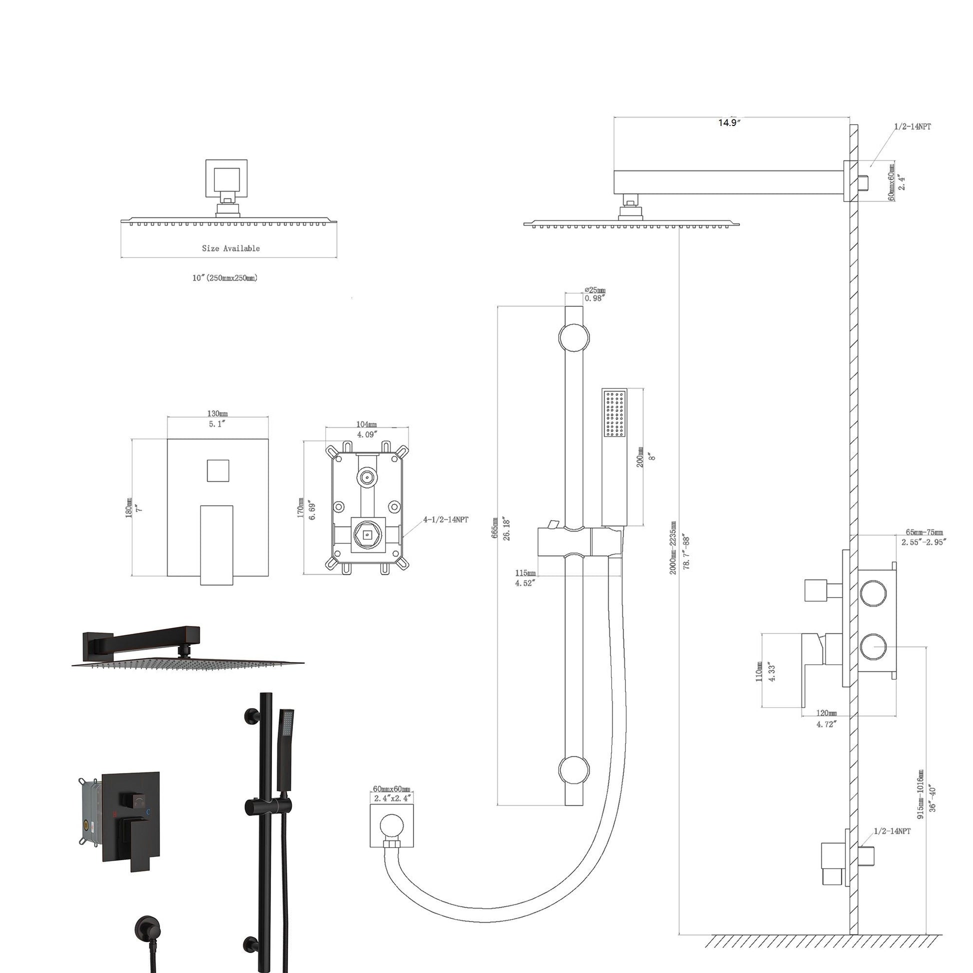 Wall Mounted Square Shower System With Adjustable Slide Bar, Rainfall Shower Head, 10 " - Oil-Rubbed Bronze Daily Nest
