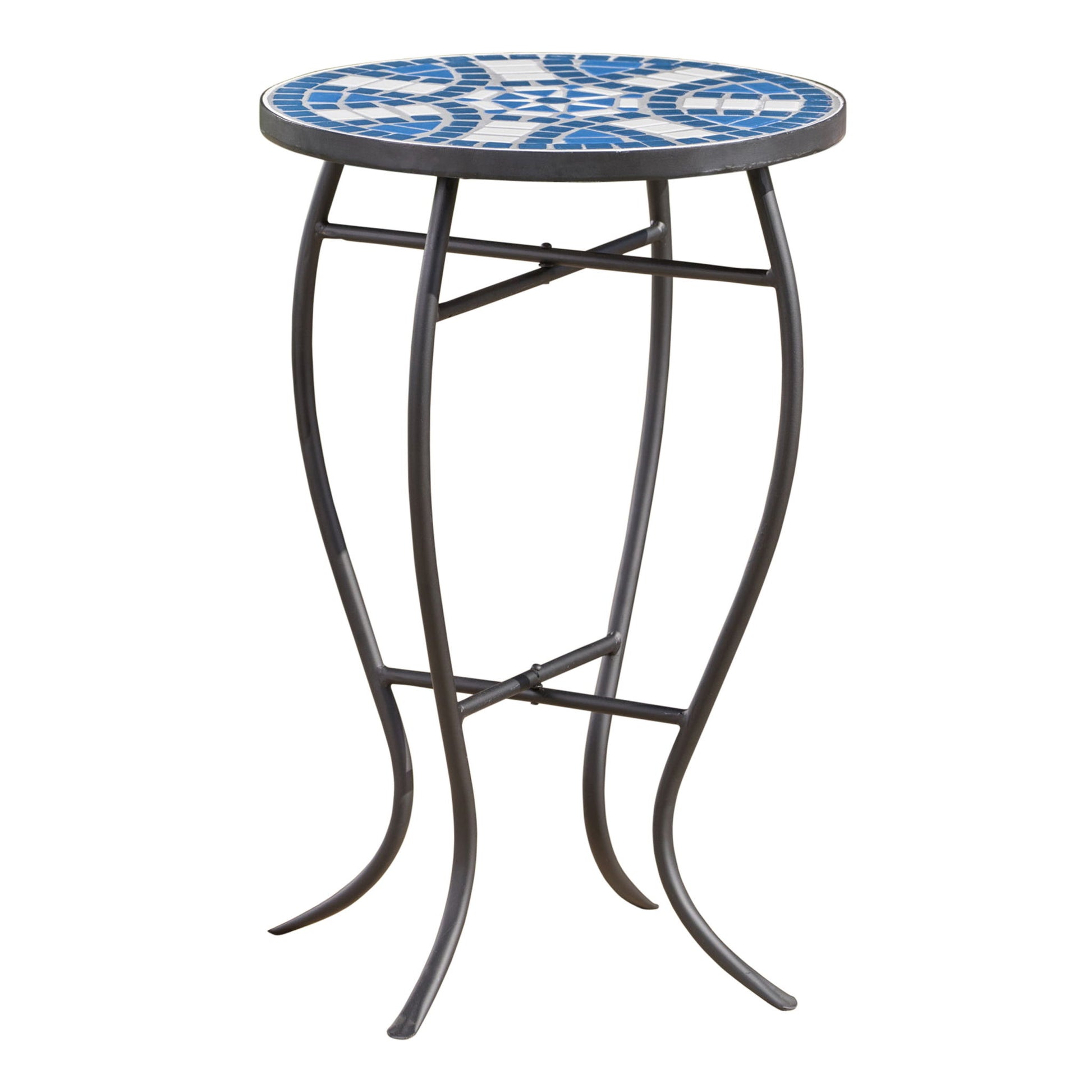 Outdoor Round Side Table With Mosaic Style Top And Curved Iron Legs - Blue / Matte Black Noble House