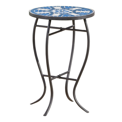 Outdoor Round Side Table With Mosaic Style Top And Curved Iron Legs - Blue / Matte Black Noble House