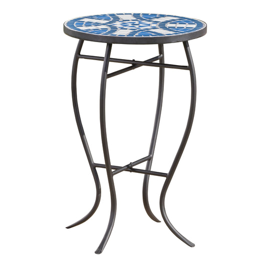 Outdoor Round Side Table With Mosaic Style Top And Curved Iron Legs - Blue / Matte Black Noble House
