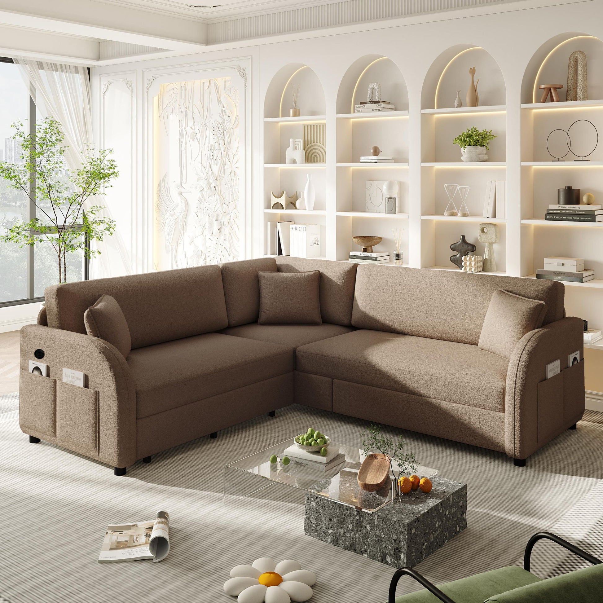 L-Shaped Couch With Pull-Out Bed, Oversize Convertible Sleeper Sofa With Side Pocket & USB Port Home Essentials