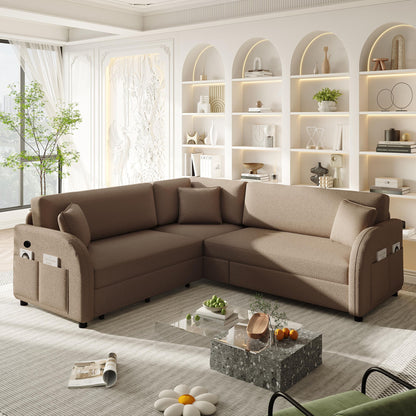 L-Shaped Couch With Pull-Out Bed, Oversize Convertible Sleeper Sofa With Side Pocket & USB Port Home Essentials