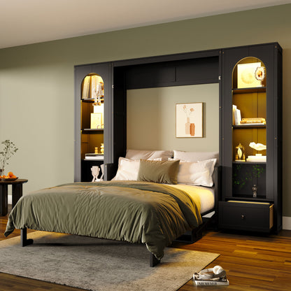 French Style Murphy Platform Bed With Shelf, Side Cabinets, Drawers And LED Hearth and Haven