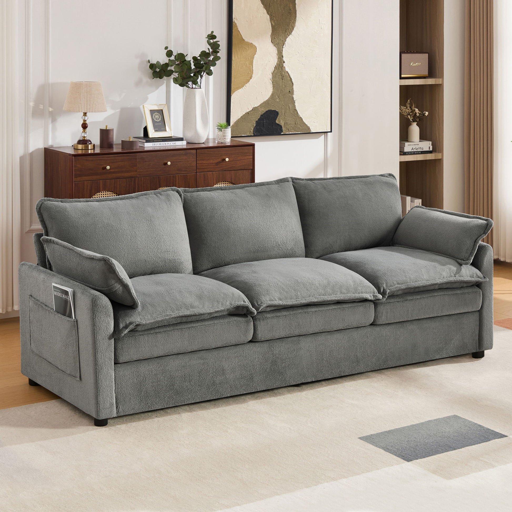Modern 3 Seater Sofa With Side Storage Pockets For Living Room Hearth and Haven