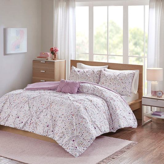 Abby - Full Metallic Printed And Pintucked Duvet Cover Set - Plum