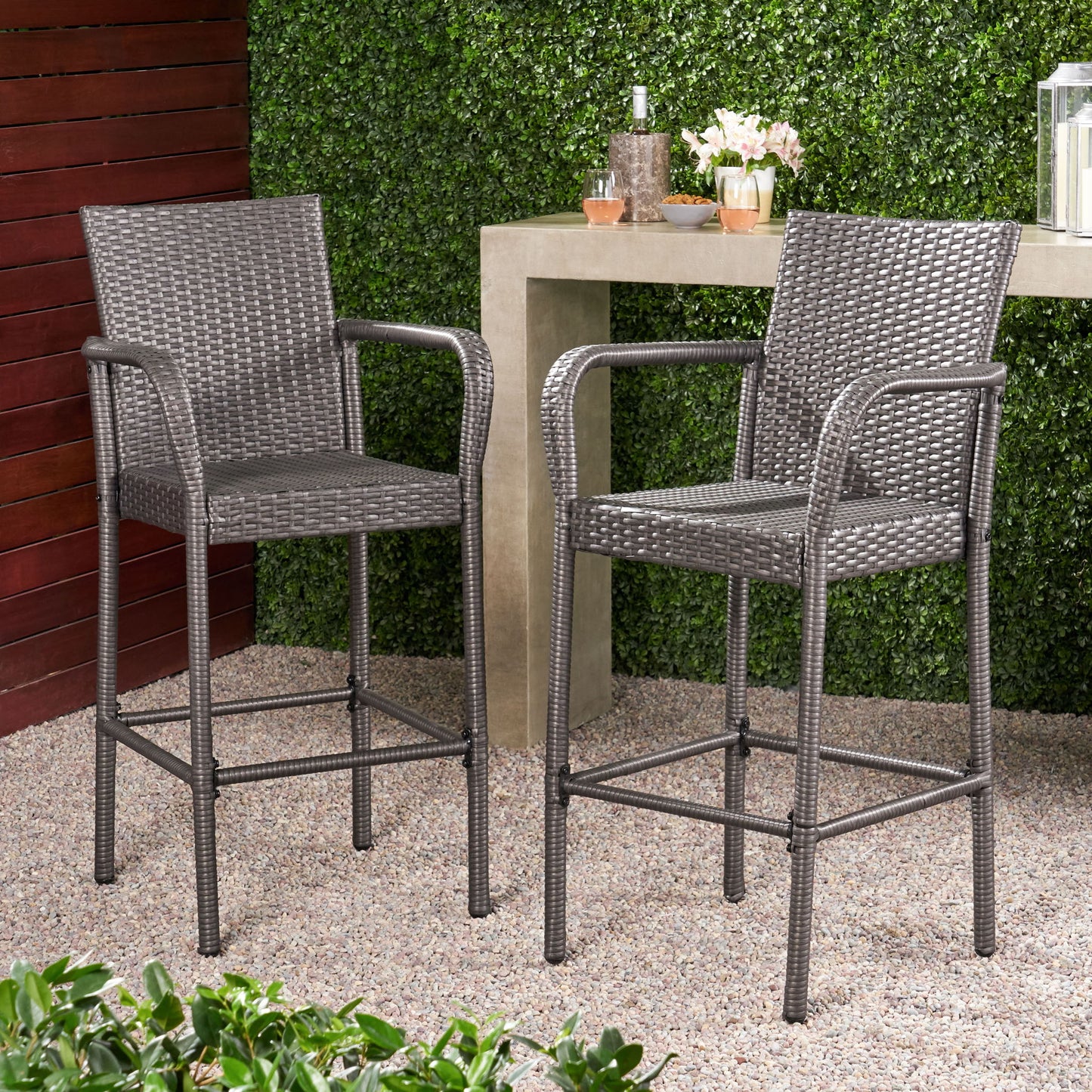 Outdoor Wicker Barstools With Rattan And Iron Frame Noble House