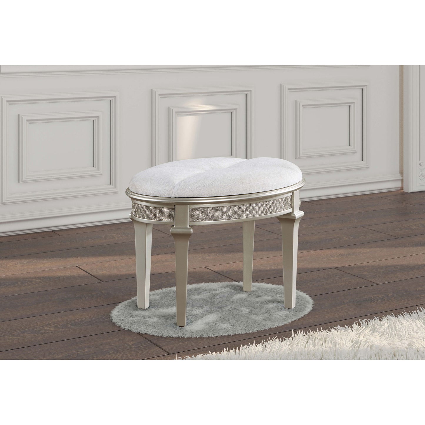 Colwood - Upholstered Oval Vanity Stool With Glitter Trim Seat - Silver Gray Furniture Max