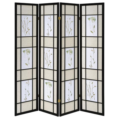 Catabella - 4-Panel Room Divider Folding Shoji Screen Floral - Black CoasterEveryday