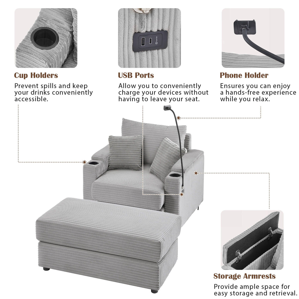 Modern Style Single Sofa Sofa Couch With Storage Space, A Movable Ottoman, 2 USB Ports, 2 Cup Holders, A Phone Holder For Living Room Hearth and Haven