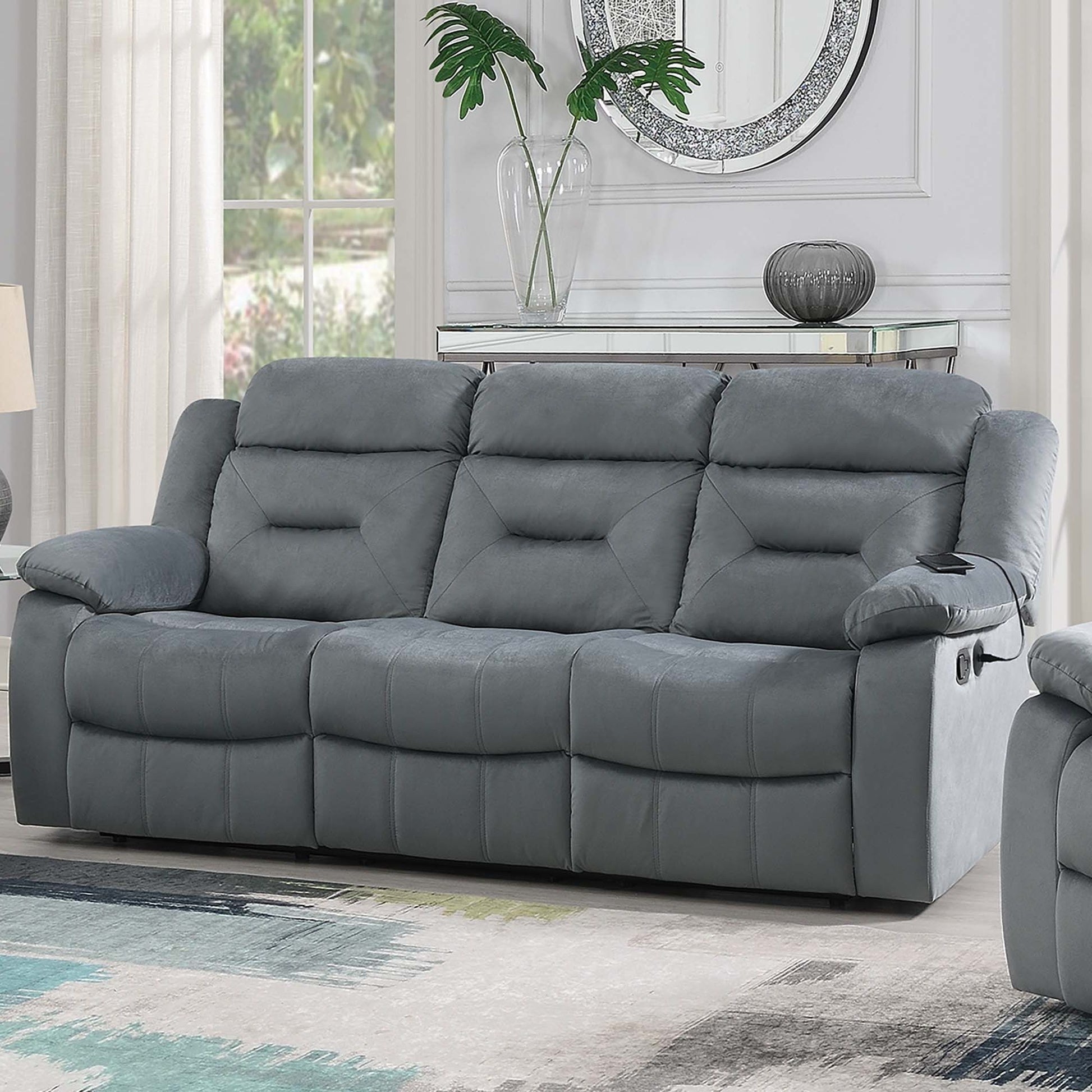 Modern Recliner Sofa With Pillow Arms, Plush Backrest, Horizontal Tufting, USB Charging Port Home Essentials