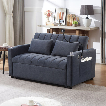 Convertible Sofa Bed Loveseat Sofa With Three USB Ports, Two Side Pockets, Two Cup Holders And 360° swivel Phone Holder For Living Room Hearth and Haven