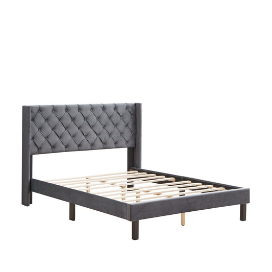 Queen Platform Tufted Upholstered Bed With Wings Design, Strong Wood Slat Support - Gray Home Essentials