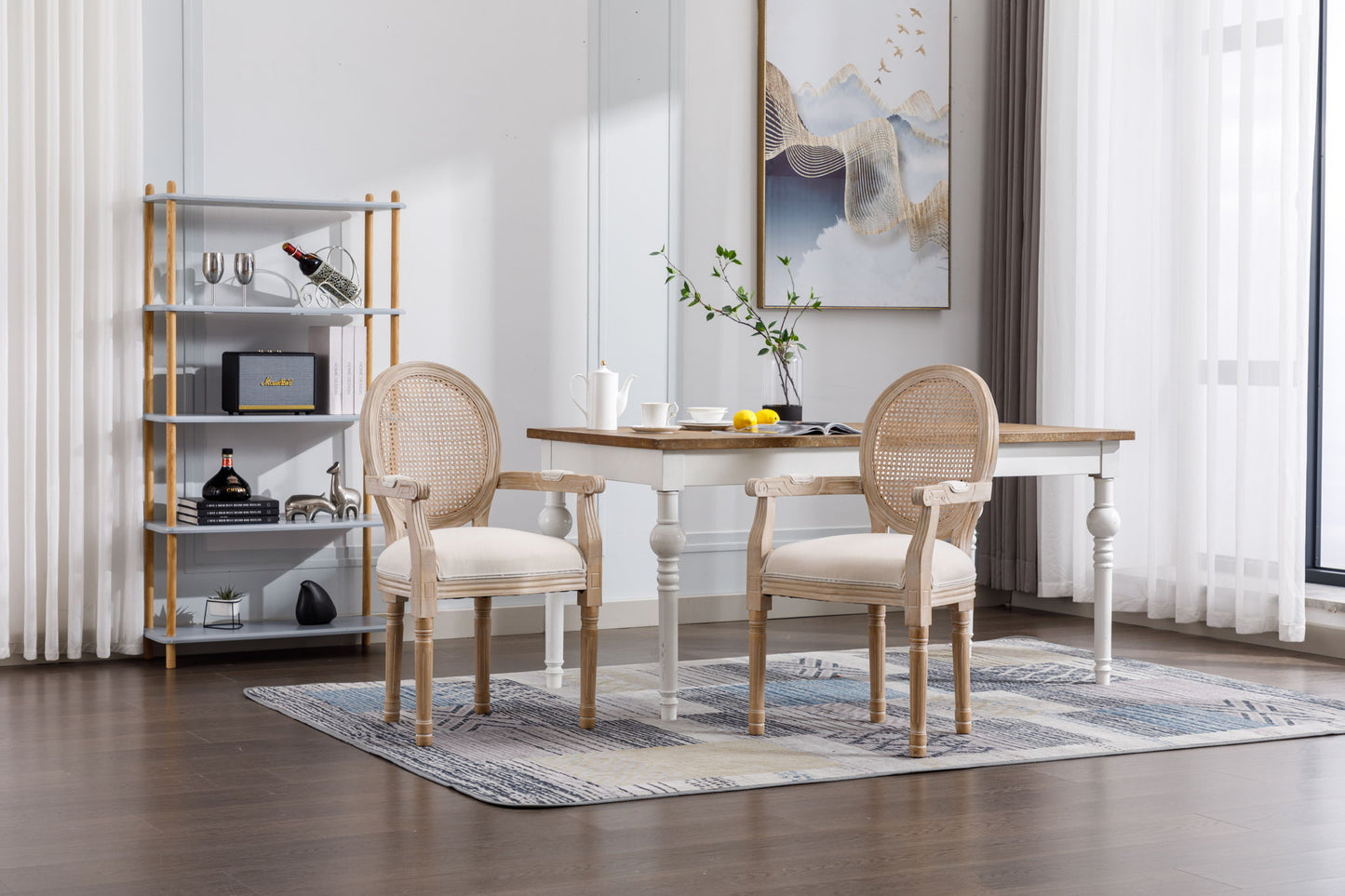 French Vintage Upholstered Fabric Dining Armchair (Set of 2) - Beige Home Essentials