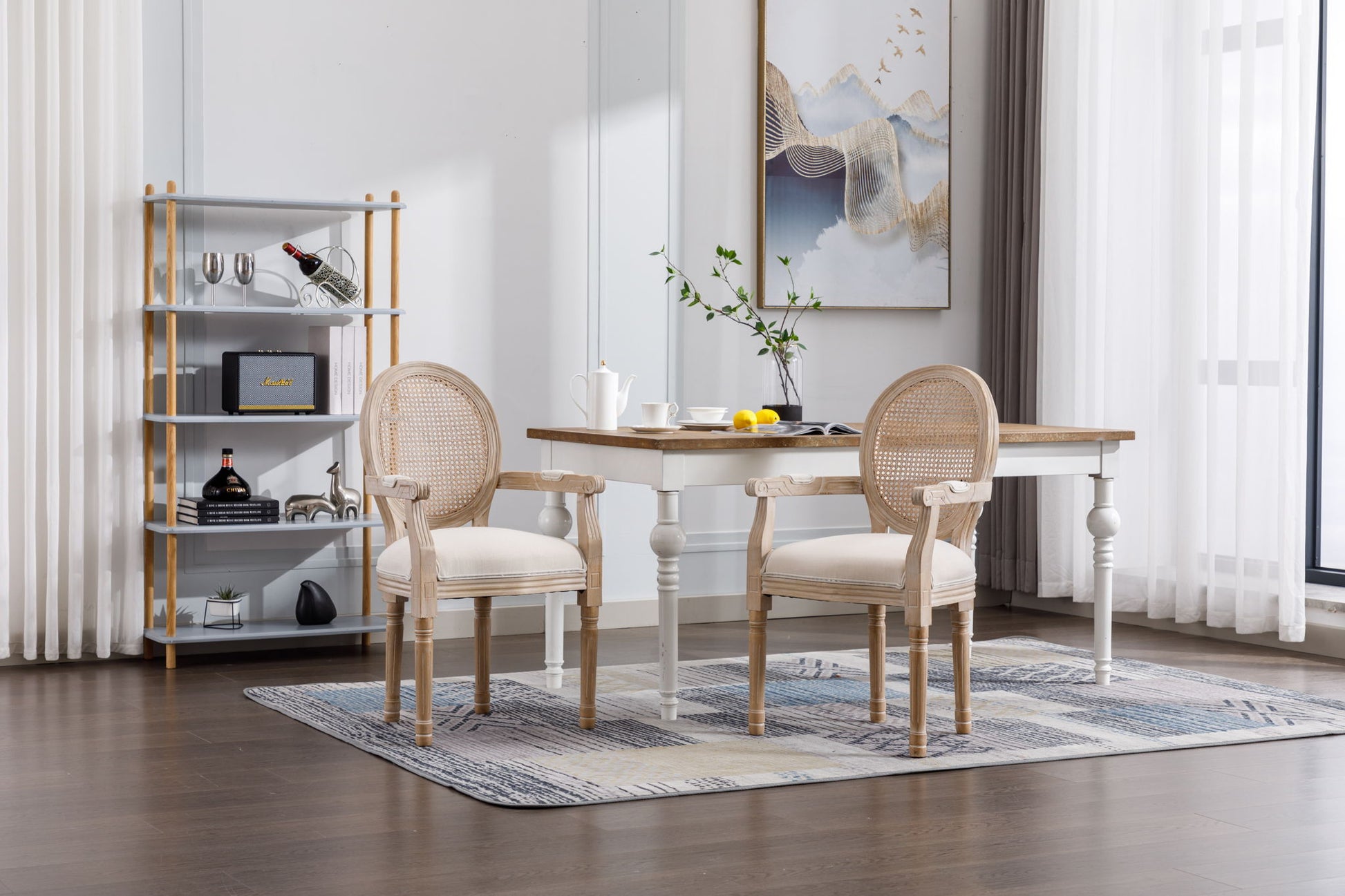 French Vintage Upholstered Fabric Dining Armchair (Set of 2) - Beige Home Essentials